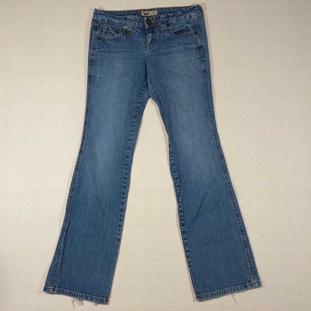 l.e.i. Ashley Ultra Low Rise Bootcut Jeans Blue Denim Size 5 30x31.5 Y2K Frayed